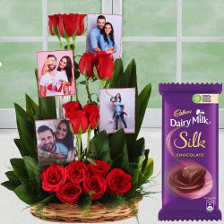 Eternal Romance Basket of Personalized Photo n Red Roses with Cadbury Silk