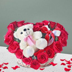 Adorable Teddy n 25 Red Roses Hearty Basket
