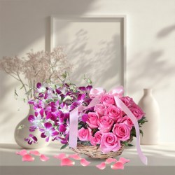 Graceful Pink N Purple Flowering Basket for Valentine