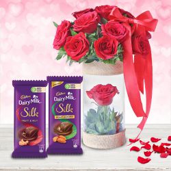 Splendid Red Roses in Vase with Cadbury Silk Duo