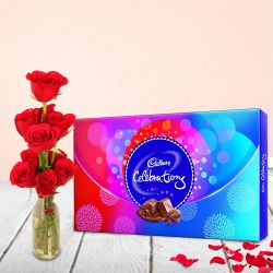 Excellent Choice of Cadbury Celebration with Red Roses in Vase