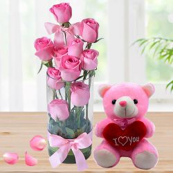 Beautiful Combo of Pink Roses in Vase and Teddy with Heart