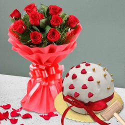 Falling in Love Red Rose Bouquet with Love Hammer Cake 	