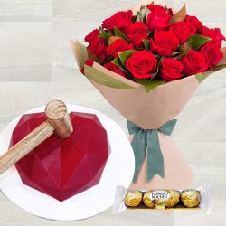 Charming Red Roses Bouquet with Red Heart Smash Cake n Ferrero Rocher	