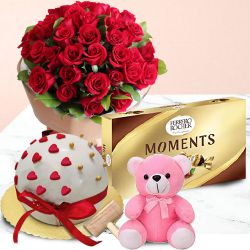 Splendid Gift of Love Ball Hammer Cake, Dutch Roses Bouquet, Ferrero Moments n Teddy	
