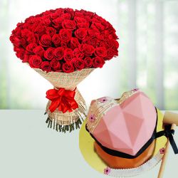 Exciting 100 Red Roses Bouquet n Strawberry Love Smash Cake Gift Combo		