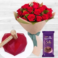 Hearty Delight Red Roses Bouquet, Pinata Cake n Cadbury Silk Gift Combo