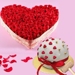 Enticing Gift of Ball of Love Smash Cake n 100 Red Roses Heart Bouquet