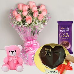 Hearty Love Pinata Cake, Pink Roses Bouquet, Cadbury Silk n Teddy