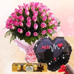 Exclusive Gift of Pink Rose Bouquet, Chocolaty Love Smash Cake n Ferrero Rocher