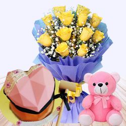 Truly Inspiring Combo of Roses Bouquet, Pink Love Pinata Cake n Soft Teddy