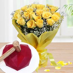 Astounding Combo of Yellow Roses Bouquet n Love Smash Cake 	