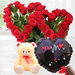Splendid Red Rose Twin Heart Arrangement, Heart Line Smash Cake n a Soft Teddy Combo	