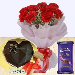 V-day Special Red Carnations Bouquet, Heart Shape Chocolate Pinata Cake n Cadbury Silk Gift Combo