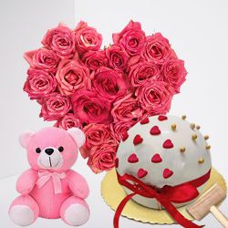 Hearty Delight Pink Rose Bouquet, Ball of Love Hammer Cake and Soft Teddy Gift Combo		