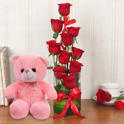 Forever Special Gift of Red Roses in Vase n Cute Teddy