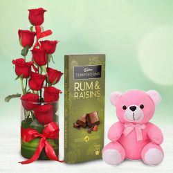 Oozing Love Red Roses in Vase, Cadbury Temptation n Cute Teddy