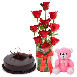 Awesome Combo of Red Roses in Vase, Chocolate Cake n Teddy