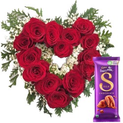 Special Heart-Shape Red Roses Arrangement n Cadbury Silk Gift Combo