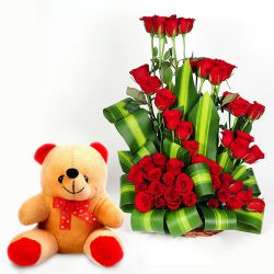 Scintillating Red Roses Arrangement with Love Teddy