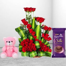 Excellent Red Roses Arrangement with Soft Teddy n Cadbury Chocolate