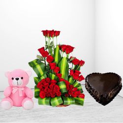 Alluring Red Roses Arrangement, Heart-Shape Chocolate Cake n Cute Teddy Combo