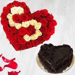 Hearty Arrangement of Mixed Roses with Love Chocolate Cake