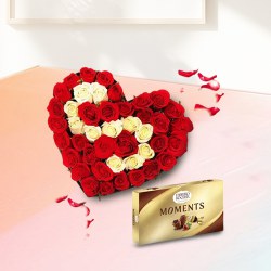 Lovers Delight Heart-Shape Mixed Roses n Ferrero Moments