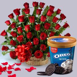 Splendid Basket of 100 Red Roses with Kwality Walls Oreo  N  Cream Ice Cream Tub