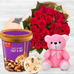 Special Roses Bouquet with Kwality Walls Fruit n Nut Ice Cream n Love Teddy