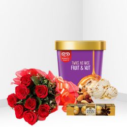 Love Filled Roses with Kwality Walls Fruit n Nut Ice Cream Tub n Ferrero Rocher