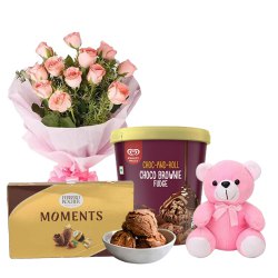 Splendid Pink Rose with Kwality Walls Choco Brownie Ice Cream, Ferrero Moments N Teddy