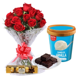 Enticing Roses with Kwality Walls Vanilla Ice Cream, Brownie  N Ferrero Rocher