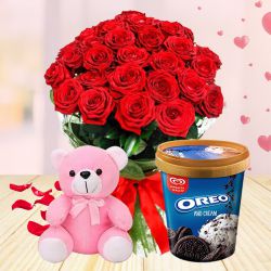 Lovely Roses Hand Bouquet with Kwality Walls Oreo N Cream Ice Cream Tub N Teddy