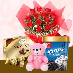 Lovely Roses with Kwality Walls Oreo Ice Cream, Ferrero Moments n Teddy