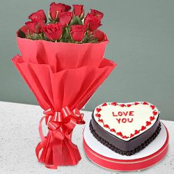 Superb Bouquet of Red Roses Wrapped in Tissue with Love Chocolate Cake