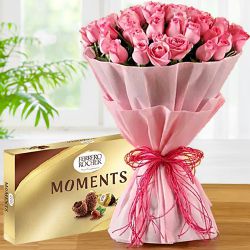 Forever In Love Pink Roses Bouquet n Ferrero Rocher Moments Combo