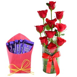 Light of Love Red Roses in Glass Vase with Cadbury Dairy Milk