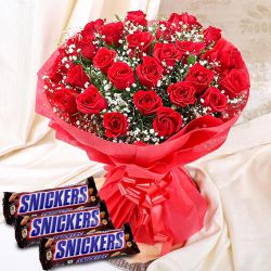 Magnificent Gift of Red Roses Bunch n Snickers Chocolate Bar