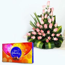 V-Day Special Pink Roses Basket with Cadbury Celebrations