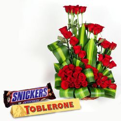 Lovers Delight Basket of Red Roses with Chocolaty Treat