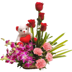 Brilliant Mixed Flowers Arrangement with Hearty Teddy