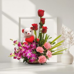 Brilliant Mixed Flowers Arrangement with Hearty Teddy