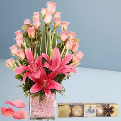Clad in Pink Mixed Flowers in Vase with Ferrero Rocher