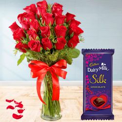 Valentine Surprise Combo of Cadbury Chocolate n Red Roses in Vase