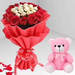 Sweetly in Love Red Roses N Ferrero Rocher Bouquet with Love Teddy