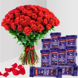 Radiant Bouquet of 50 Red Roses with Cadbury Dairy Milk Chocolate Bar