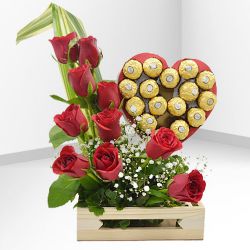 Impressive Arrangement of Red Roses and Ferrero Rocher in Love-Shape Box