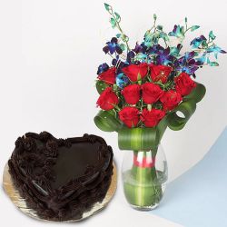 Love Filled Red Roses n Blue Orchids in Vase with Heart Shape Choco Cake
