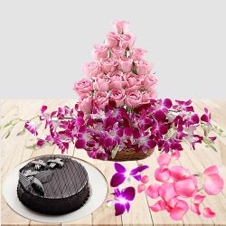 Astonishing Basket of Roses n Orchids with Chocolate Cake for Valentine	